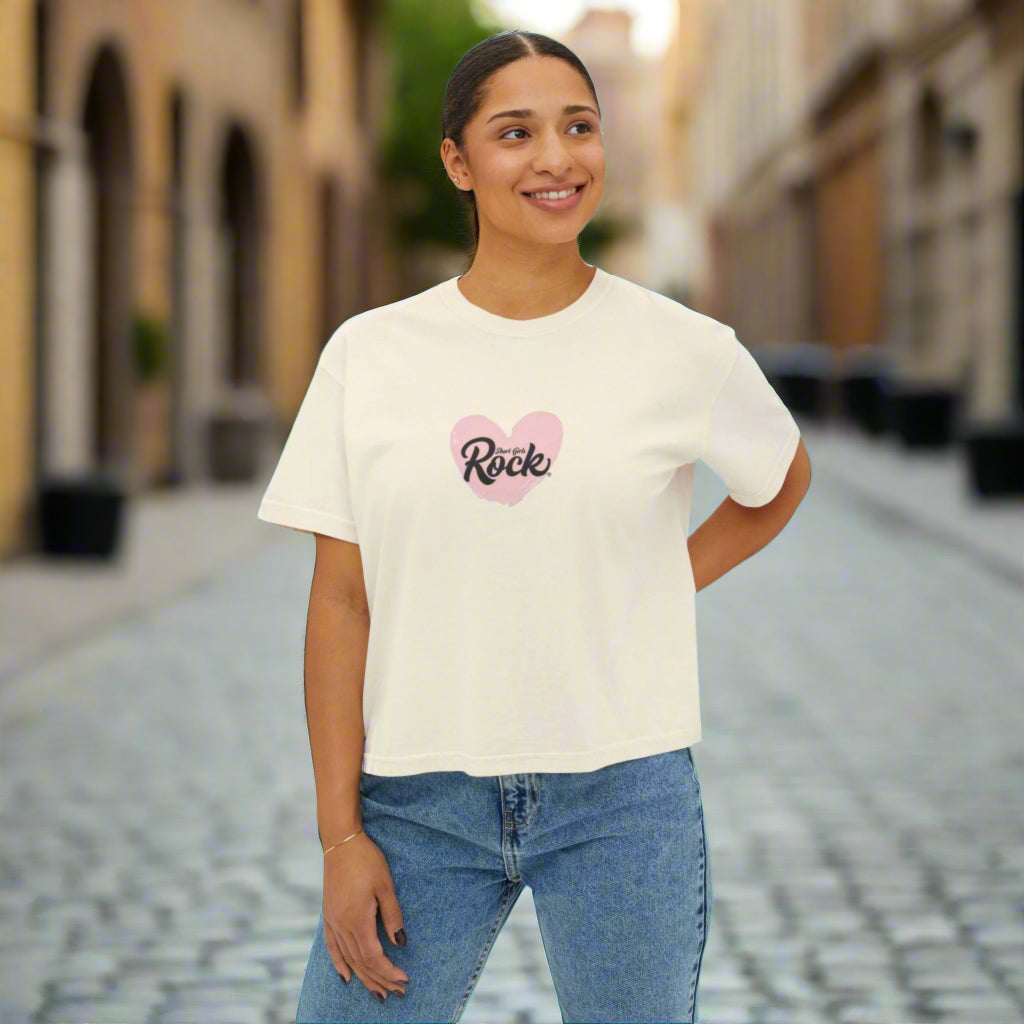 Women's Boxy Tee, slightly cropped, with heart.