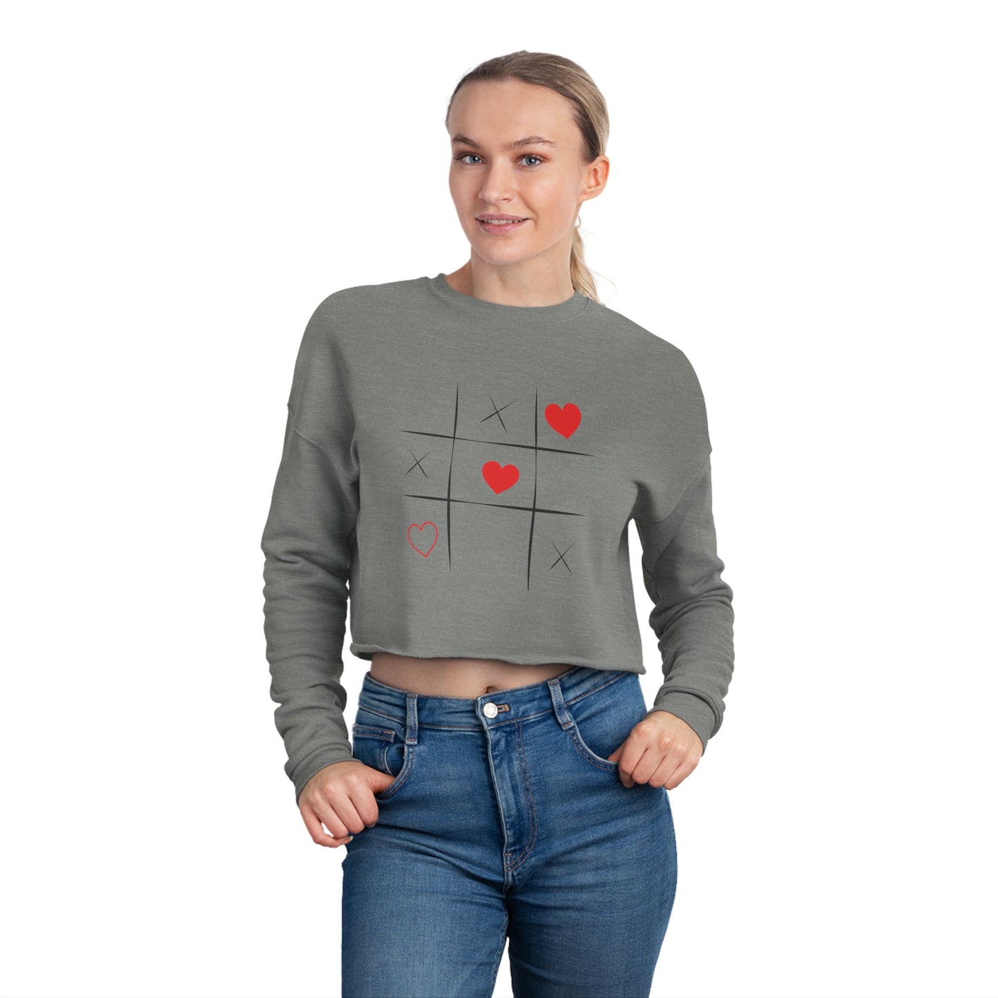 Women's Cropped Sweatshirt. Heart Tic Tac Toe