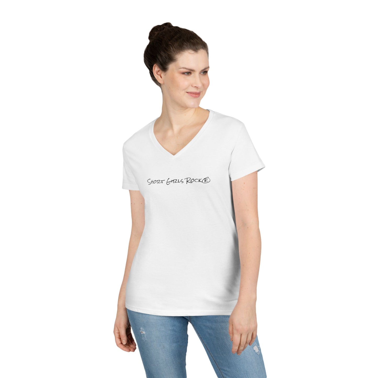 Ladies' V-Neck T-Shirt. All White.