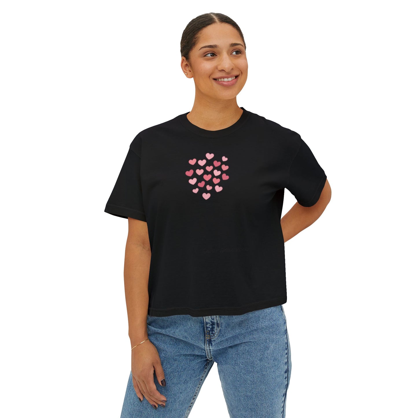 Cropped Version - Pink Flying Hearts T-Shirt — Romantic Heart Graphic Tee